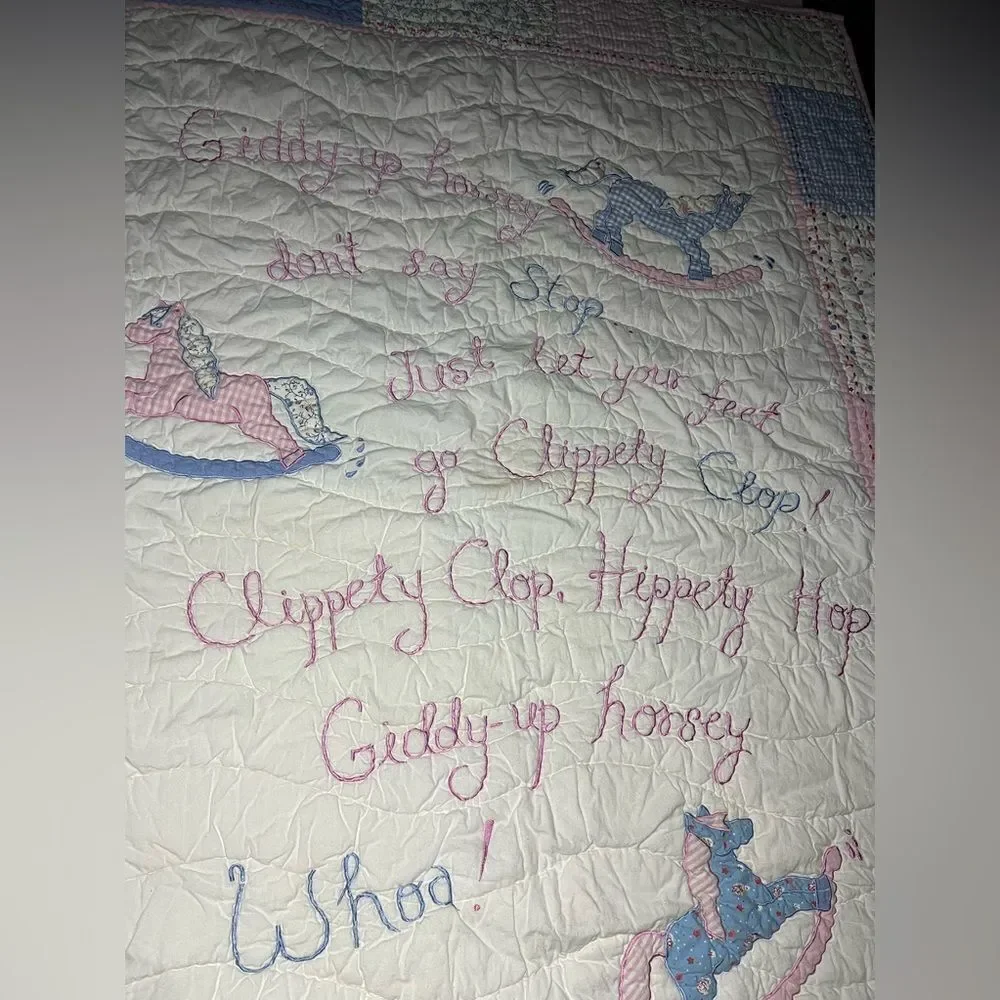 Pottery Barn Kids Vintage Quilt Blanket Giddy Up Horsey appliqués embroidery